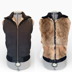 Theory Reversible Rabbit Fur Puffer Vest Black Brown Petite P TP Full Zip
